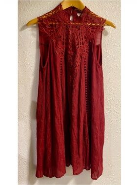 Entro Sleeveless Crochet Yoke Dress cranberry red, large
